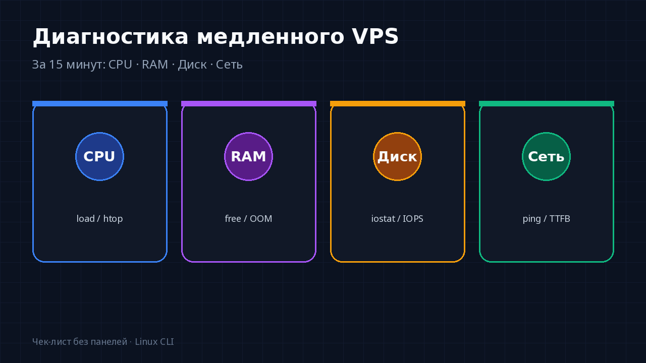 Диагностика медленного VPS: CPU, RAM, диск и сеть