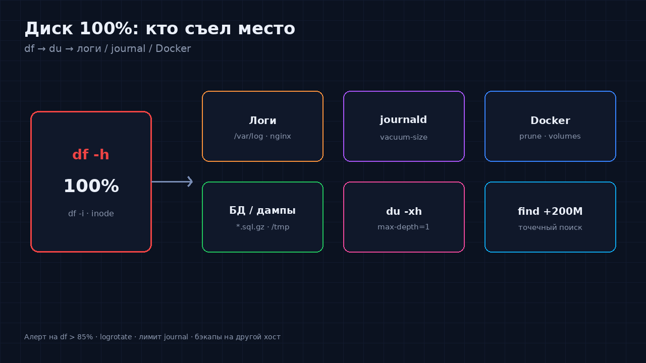 Схема: df 100% → du по каталогам → логи / journal / Docker